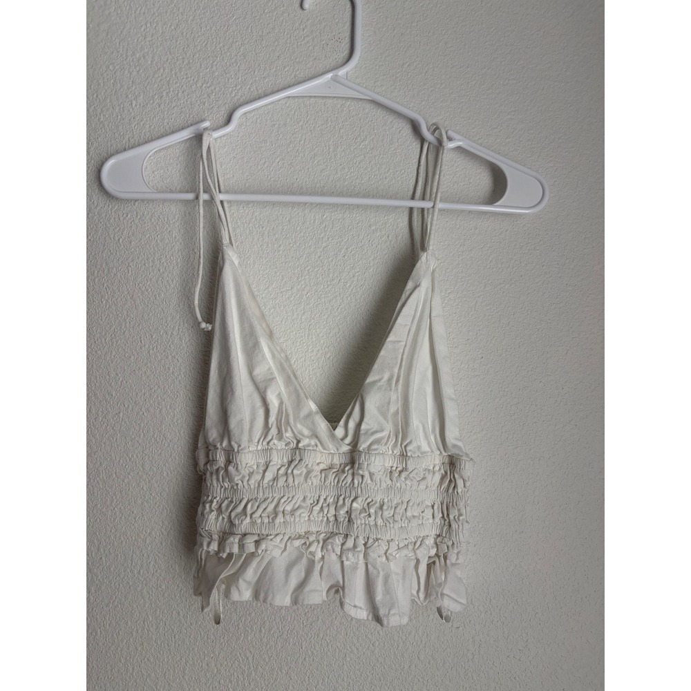 Sim & Sam Womens White Smocked Ruffle Crop Top‎ V-Neck Spaghetti Strap Small